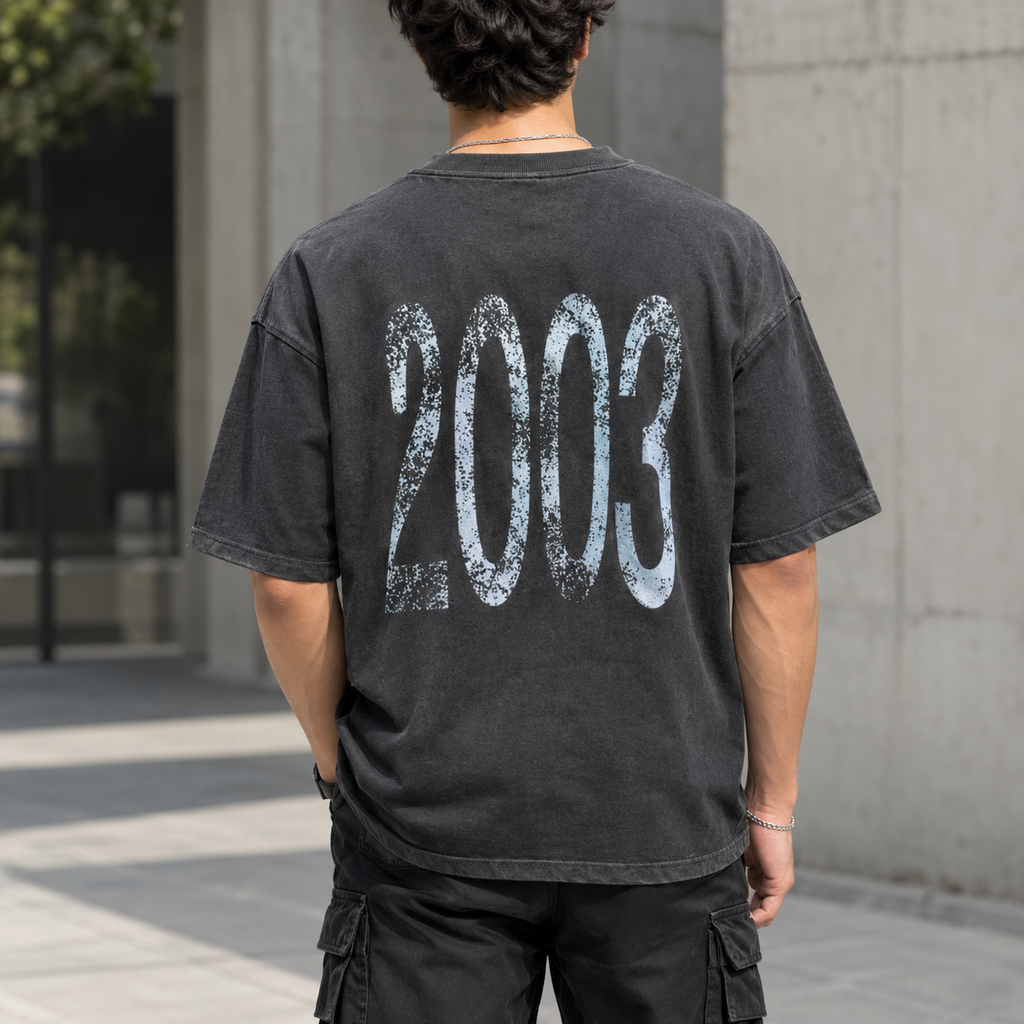 Star Typography "R" Circle Graphic Oversized T-Shirt – Washed Black