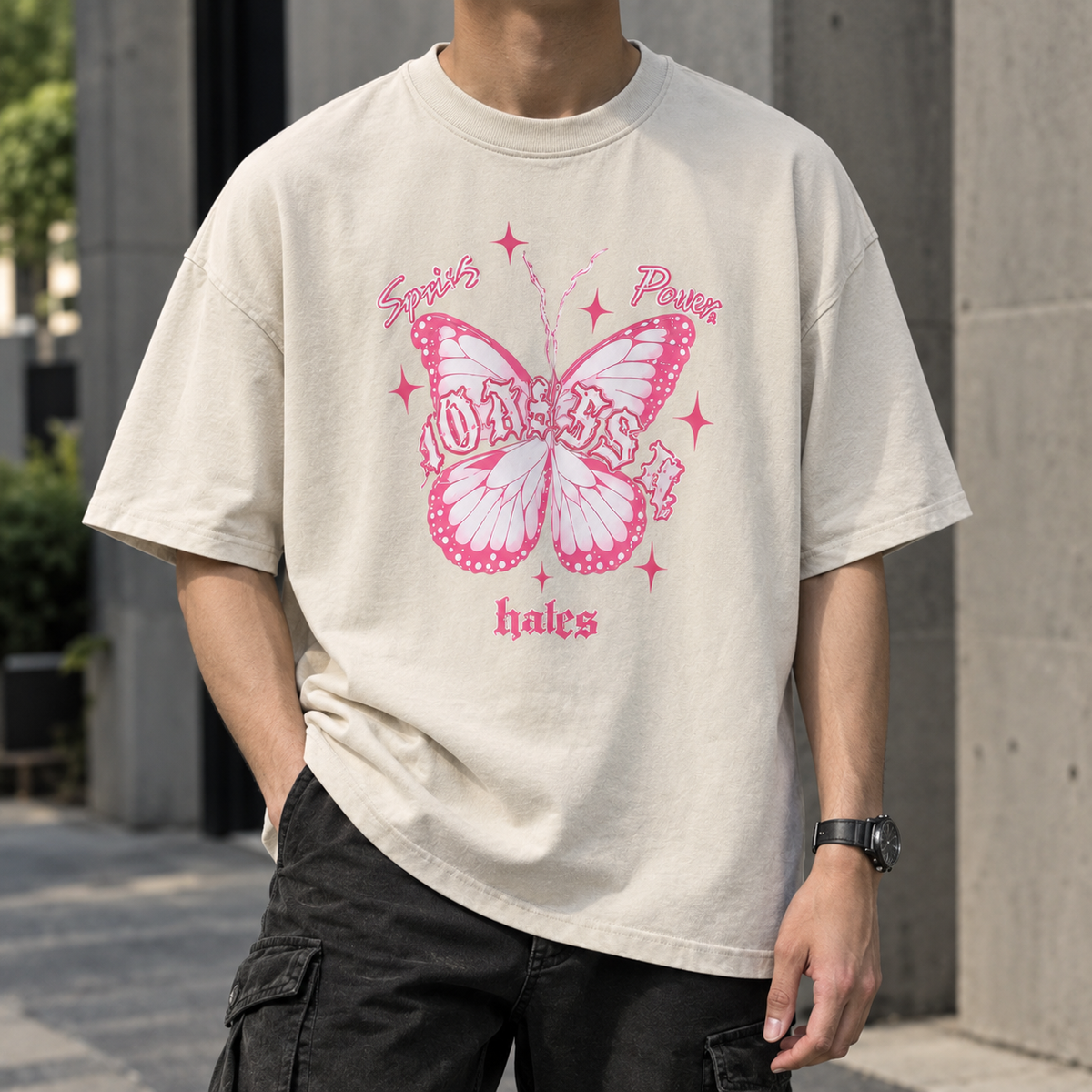 "Soul Power" Butterfly and Sparkle Graphic Oversized T-Shirt – Beige / Oat