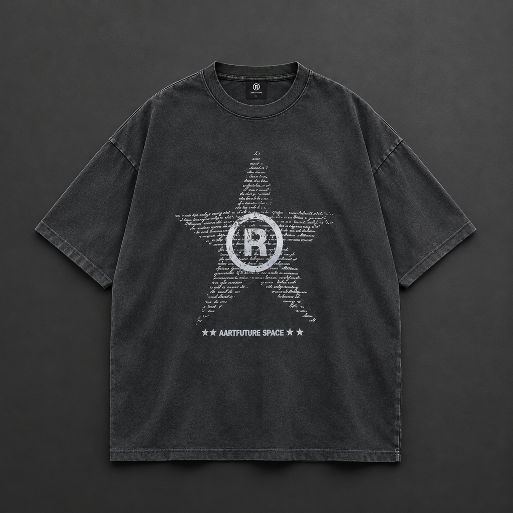 Star Typography "R" Circle Graphic Oversized T-Shirt – Washed Black