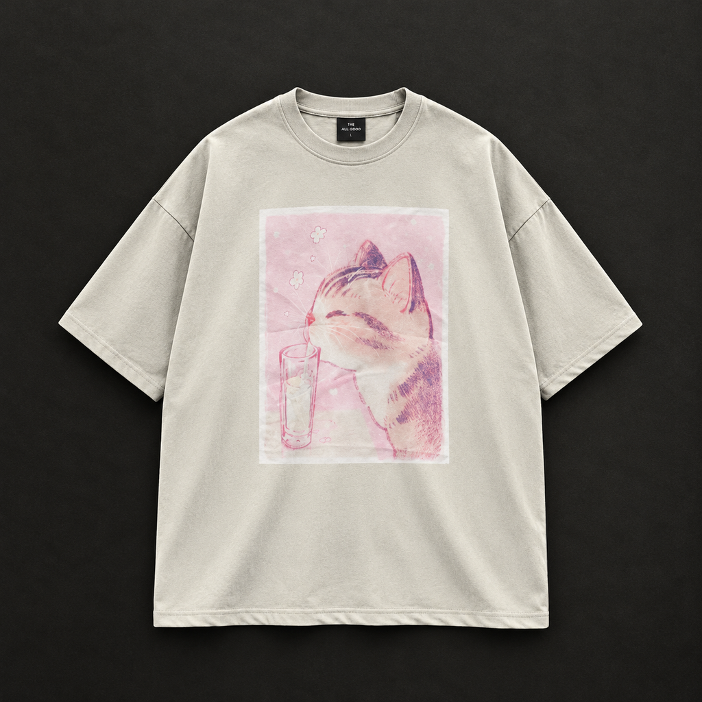 Cute Cat Drinking Illustration Graphic Oversized T-Shirt – Beige / Oat