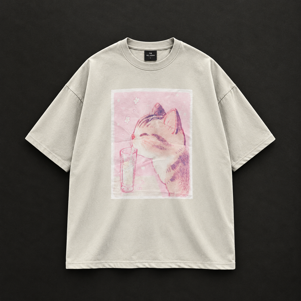 Cute Cat Drinking Illustration Graphic Oversized T-Shirt – Beige / Oat