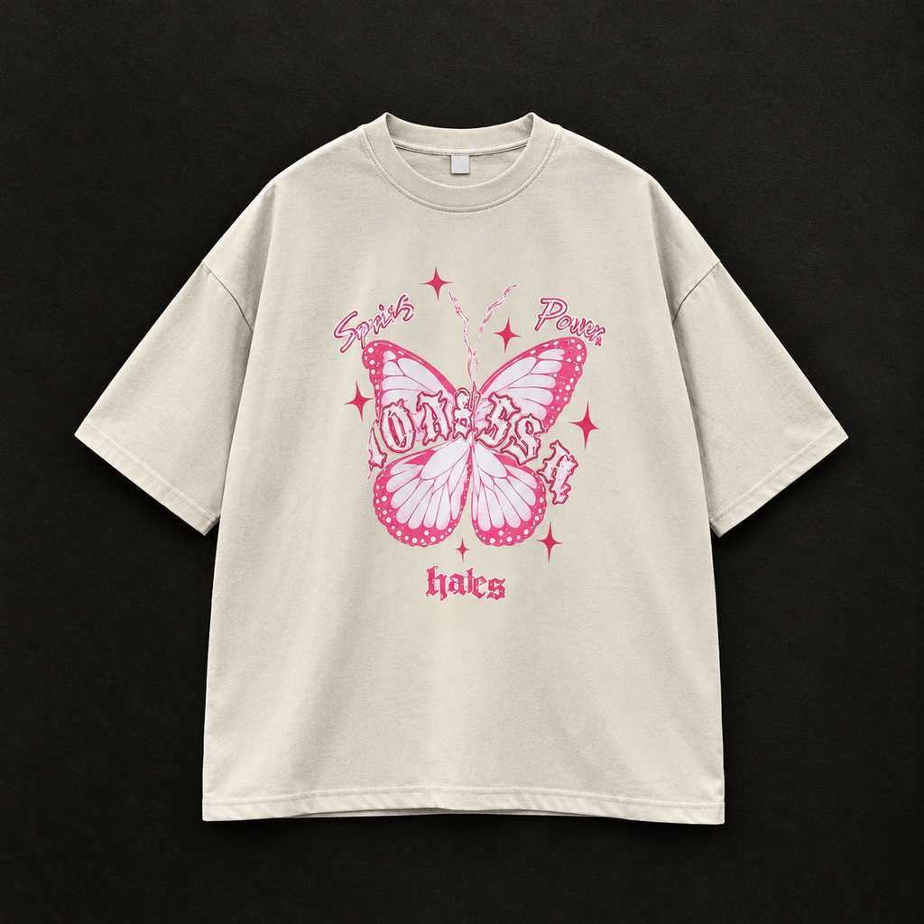 "Soul Power" Butterfly and Sparkle Graphic Oversized T-Shirt – Beige / Oat
