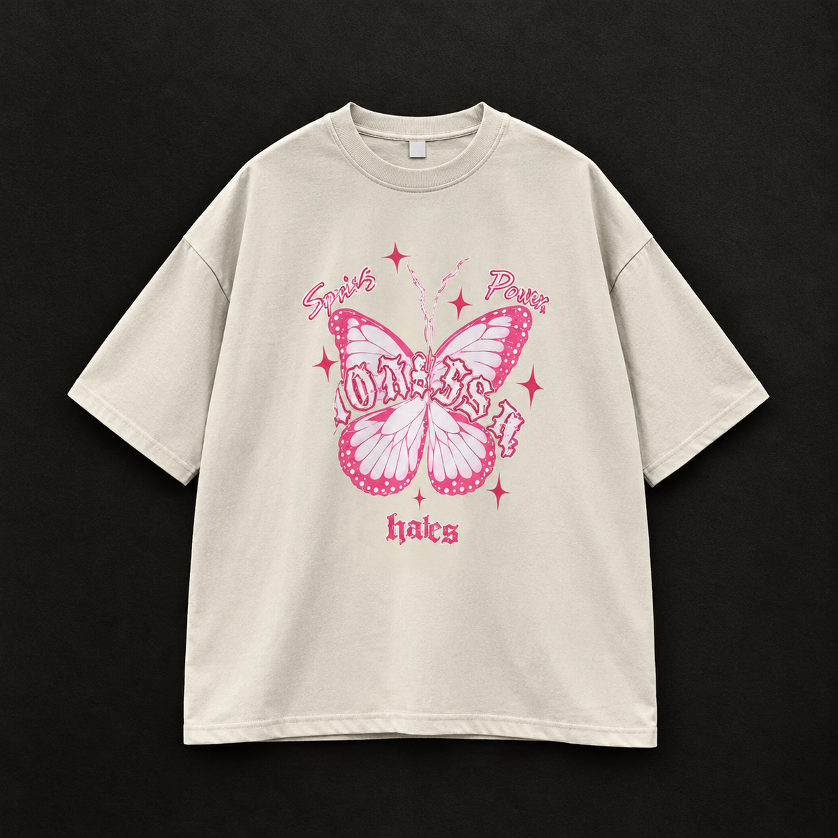 "Soul Power" Butterfly and Sparkle Graphic Oversized T-Shirt – Beige / Oat