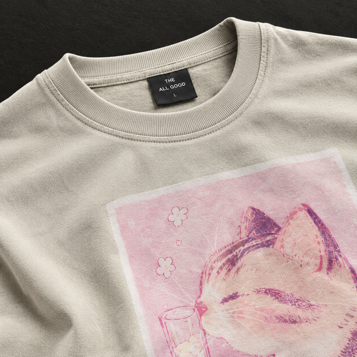 Cute Cat Drinking Illustration Graphic Oversized T-Shirt – Beige / Oat