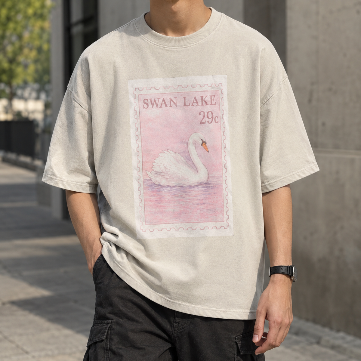 "Swan Lake" Postage Stamp Aesthetic Graphic Oversized T-Shirt – Beige / Oat