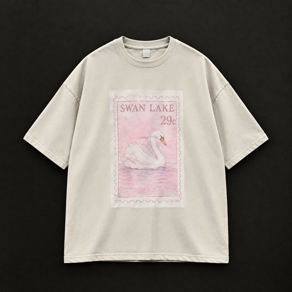 "Swan Lake" Postage Stamp Aesthetic Graphic Oversized T-Shirt – Beige / Oat