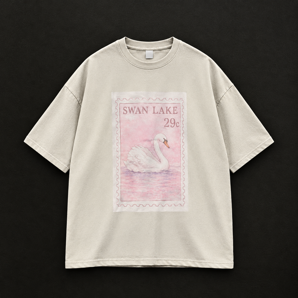 "Swan Lake" Postage Stamp Aesthetic Graphic Oversized T-Shirt – Beige / Oat