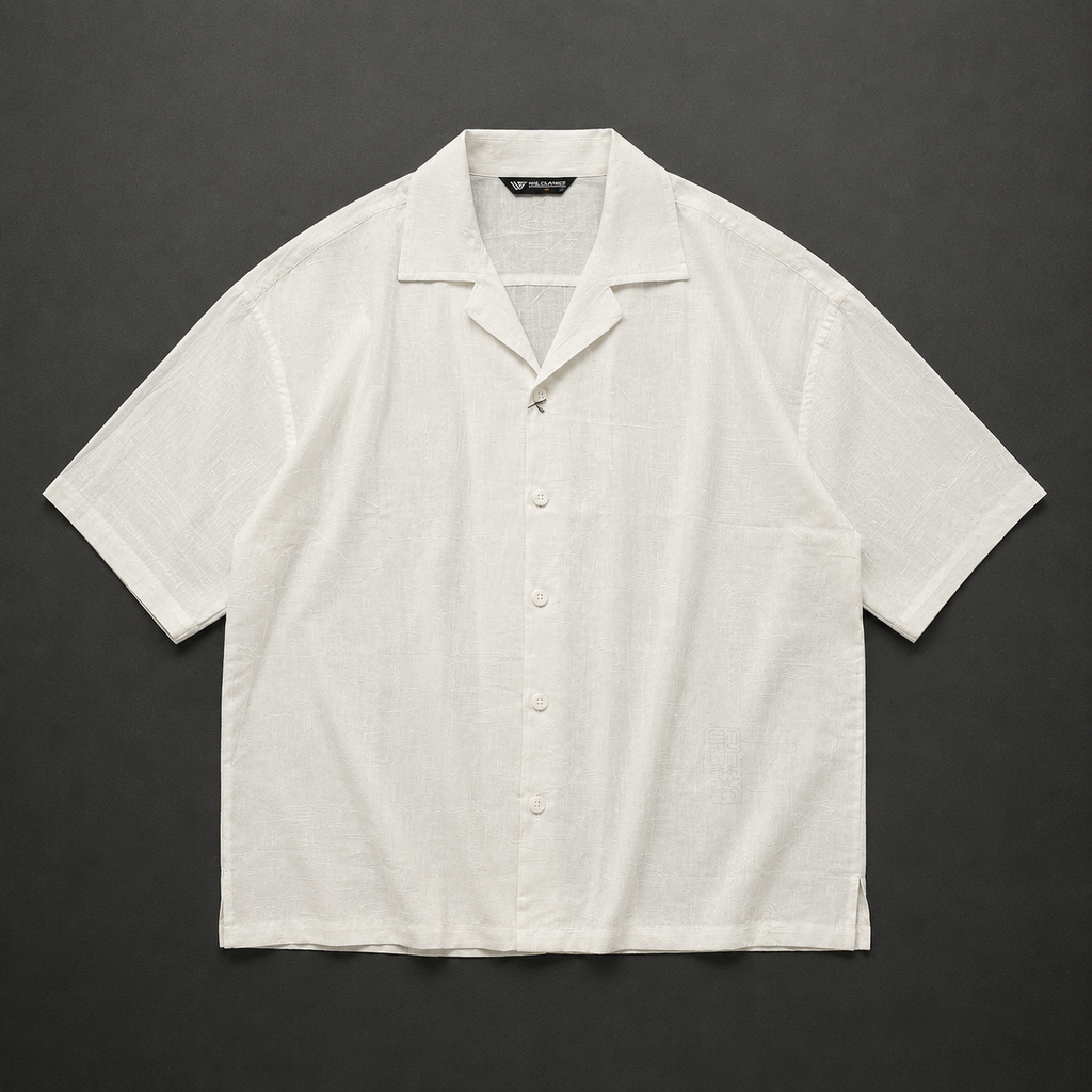 White/Black Textured Jacquard Oversized Cuban Collar Shirt