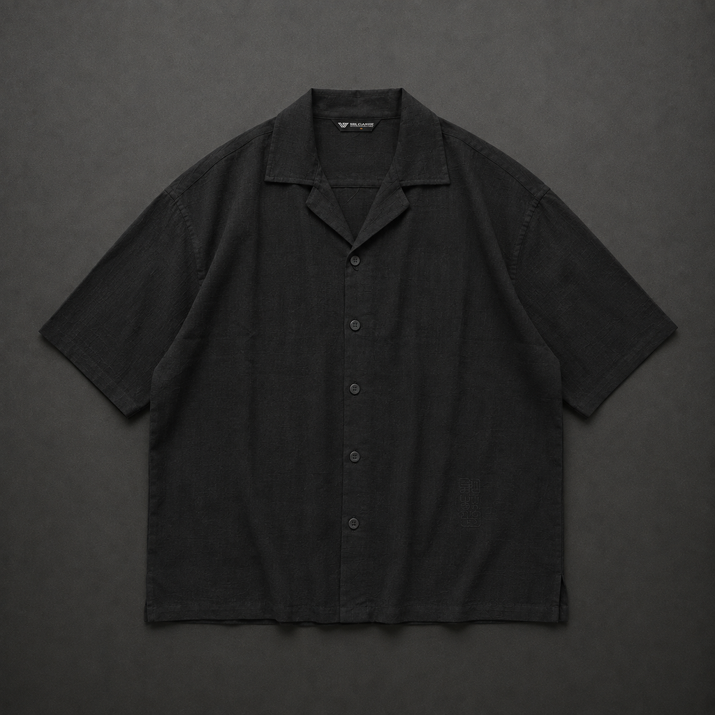 White/Black Textured Jacquard Oversized Cuban Collar Shirt
