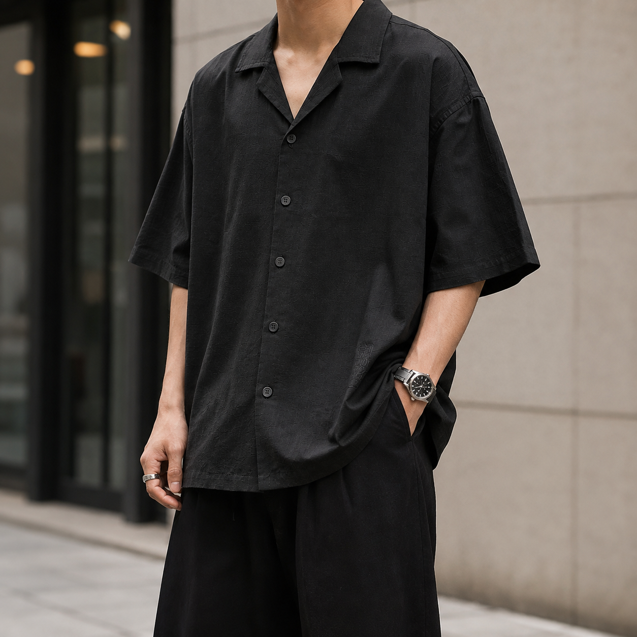 White/Black Textured Jacquard Oversized Cuban Collar Shirt