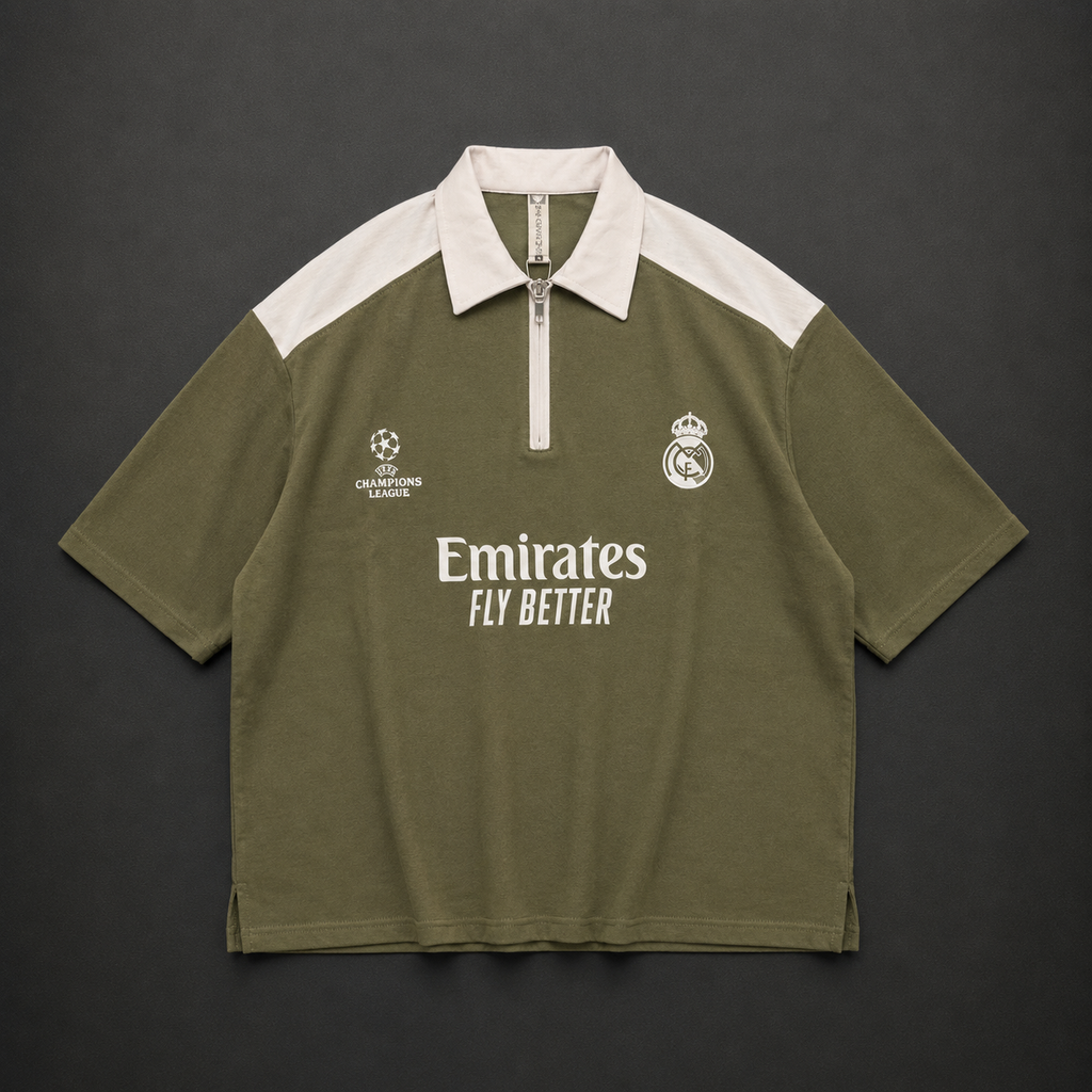 Real Madrid Oversized Quarter-Zip Polo – Olive Green &amp; White