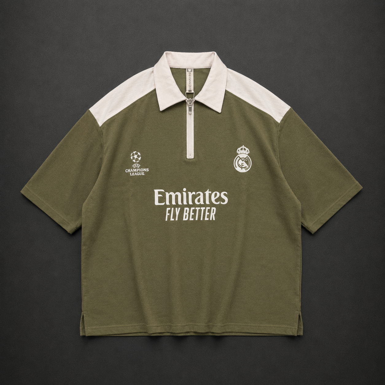 Real Madrid Oversized Quarter-Zip Polo – Olive Green &amp; White