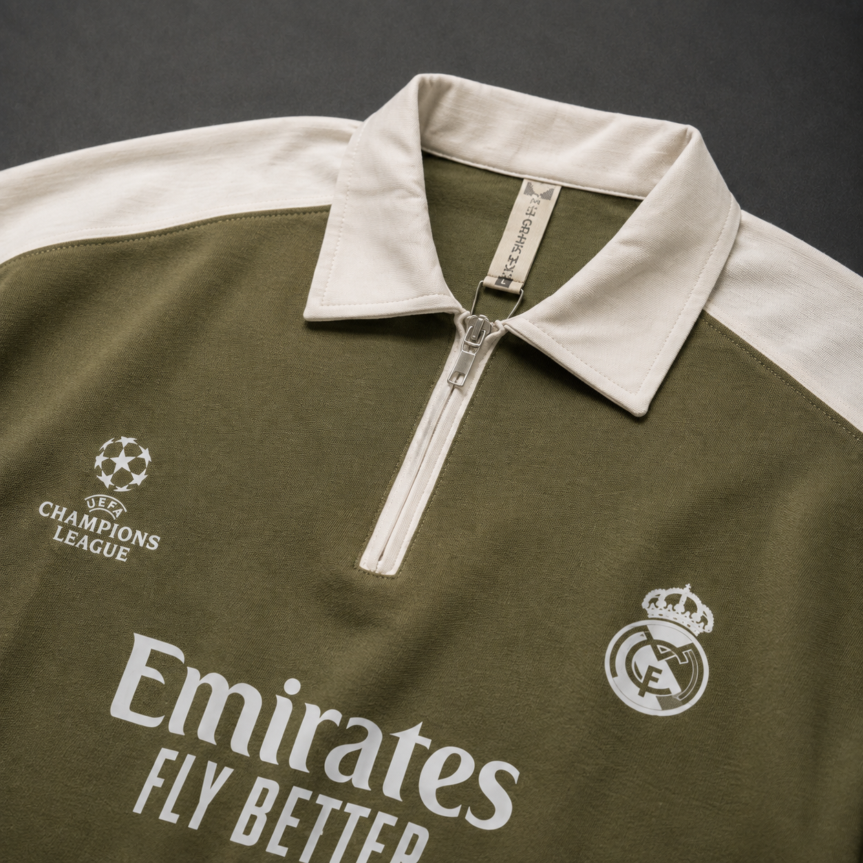 Real Madrid Oversized Quarter-Zip Polo – Olive Green &amp; White