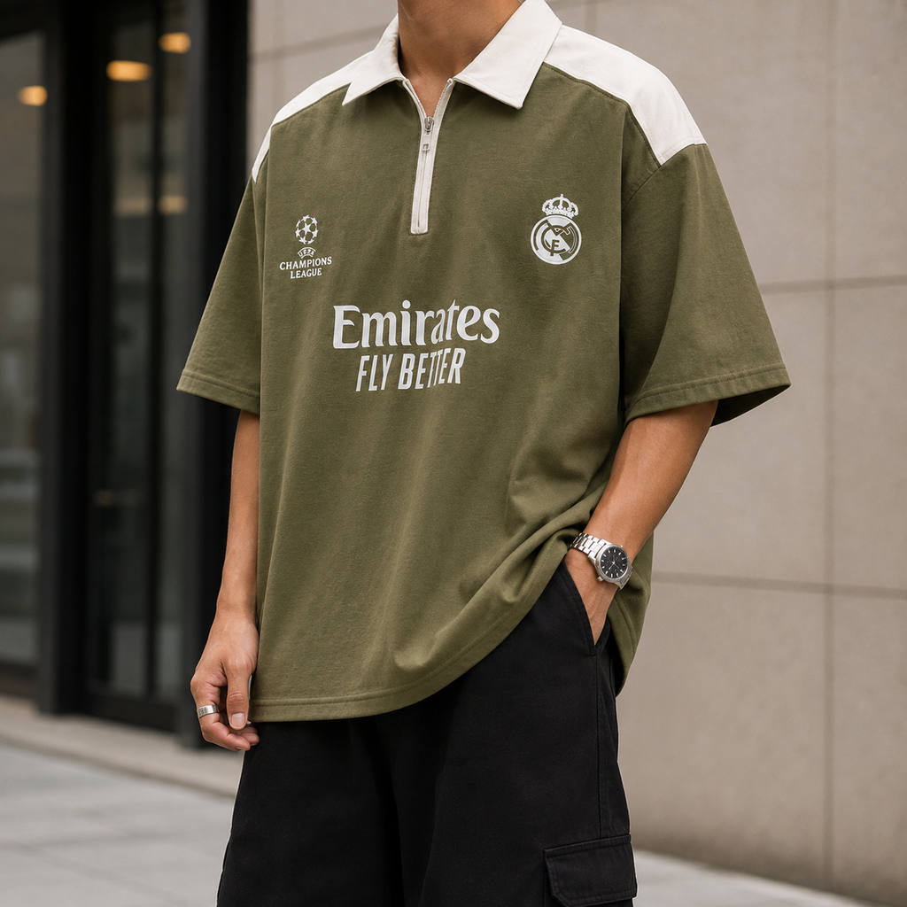 Real Madrid Oversized Quarter-Zip Polo – Olive Green &amp; White