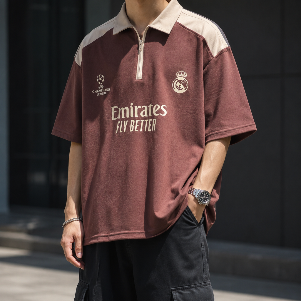 Real Madrid Oversized Quarter-Zip Polo – Maroon &amp; Beige