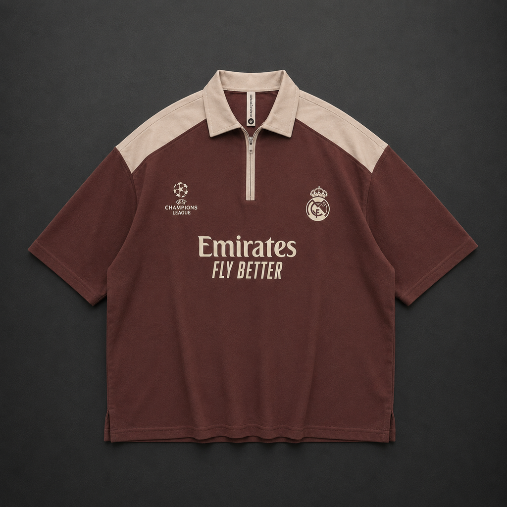 Real Madrid Oversized Quarter-Zip Polo – Maroon &amp; Beige