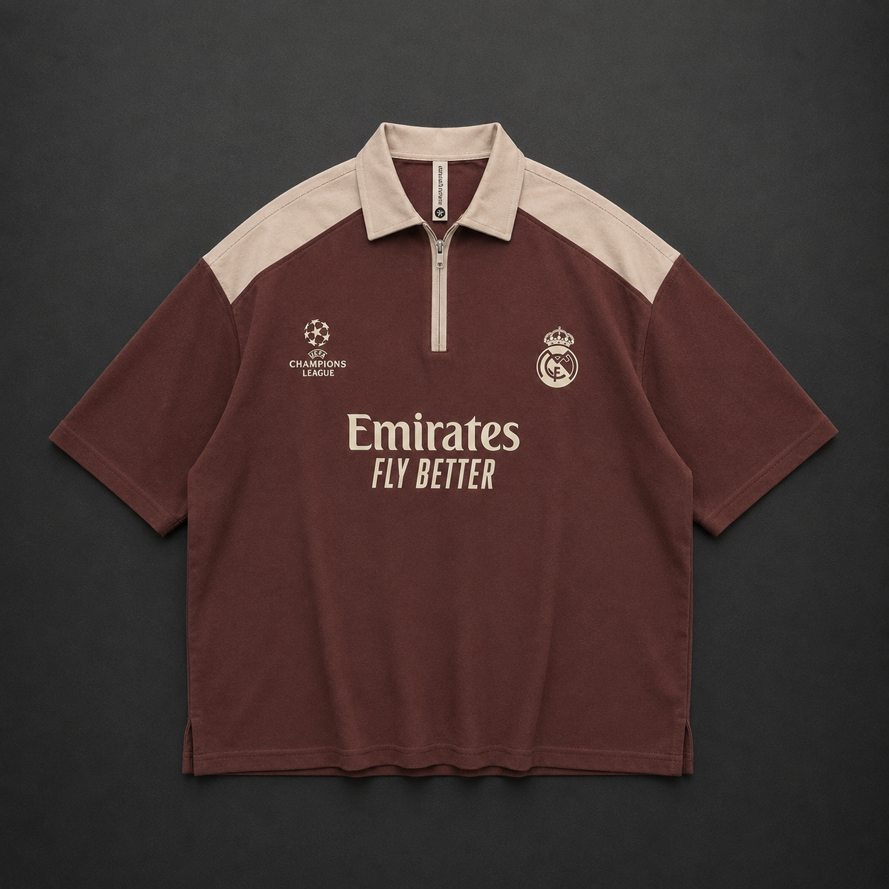 Real Madrid Oversized Quarter-Zip Polo – Maroon &amp; Beige