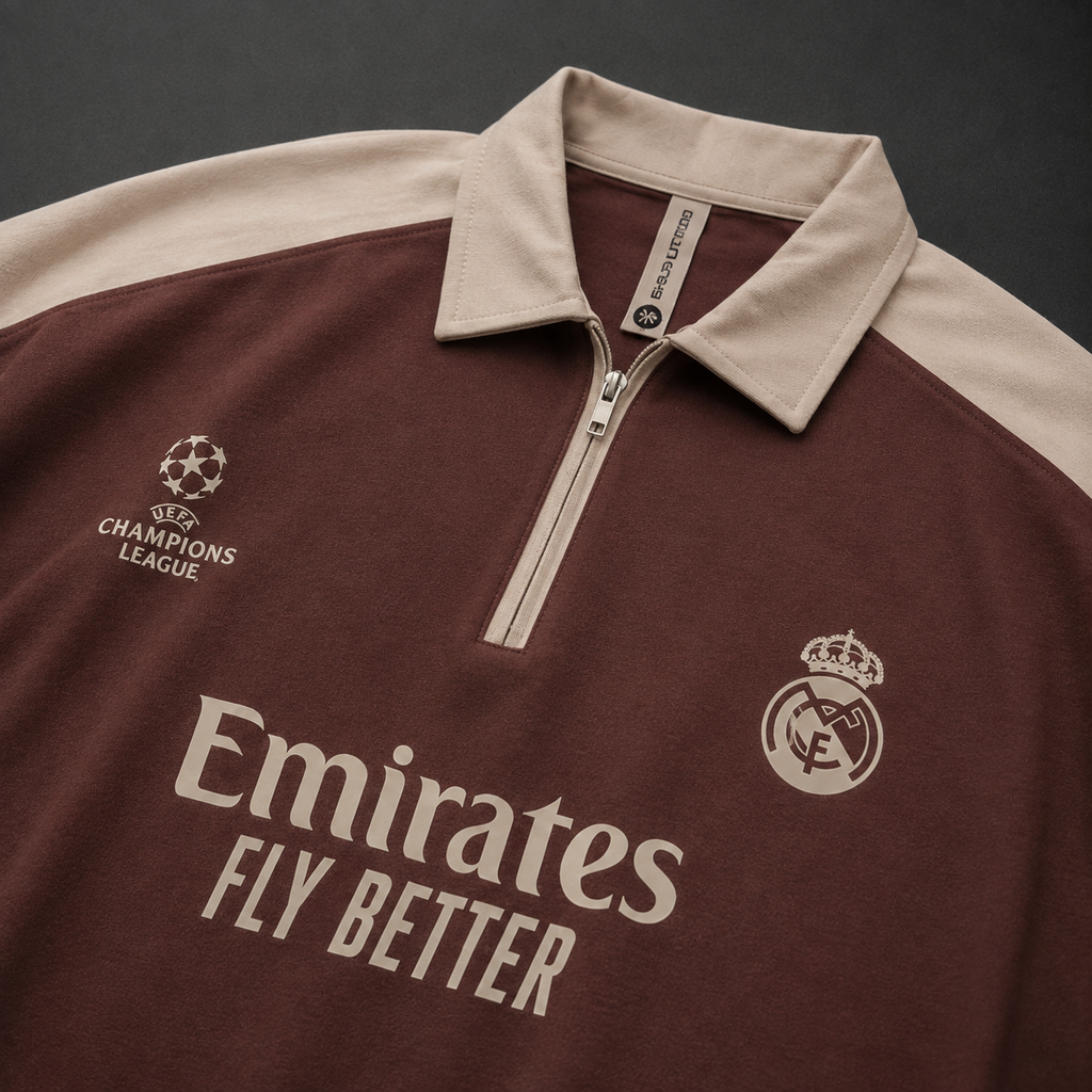 Real Madrid Oversized Quarter-Zip Polo – Maroon &amp; Beige