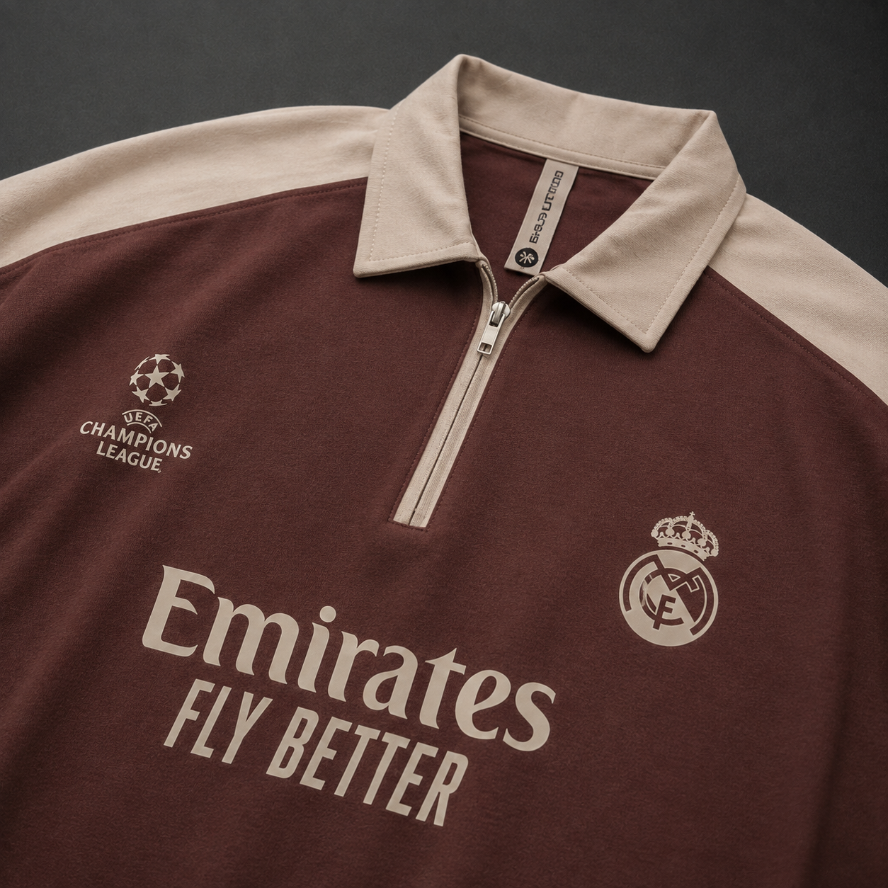 Real Madrid Oversized Quarter-Zip Polo – Maroon &amp; Beige