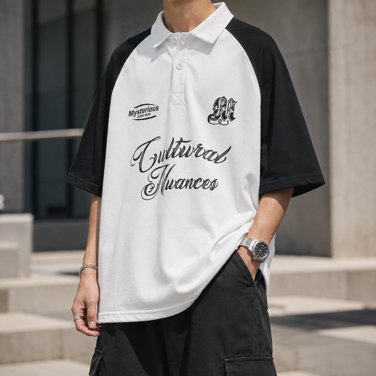"Cultural Nuances" Oversized Raglan Polo Shirt – White &amp; Black
