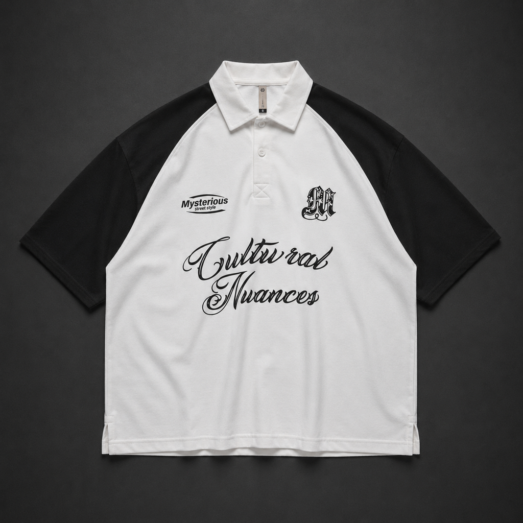 "Cultural Nuances" Oversized Raglan Polo Shirt – White &amp; Black