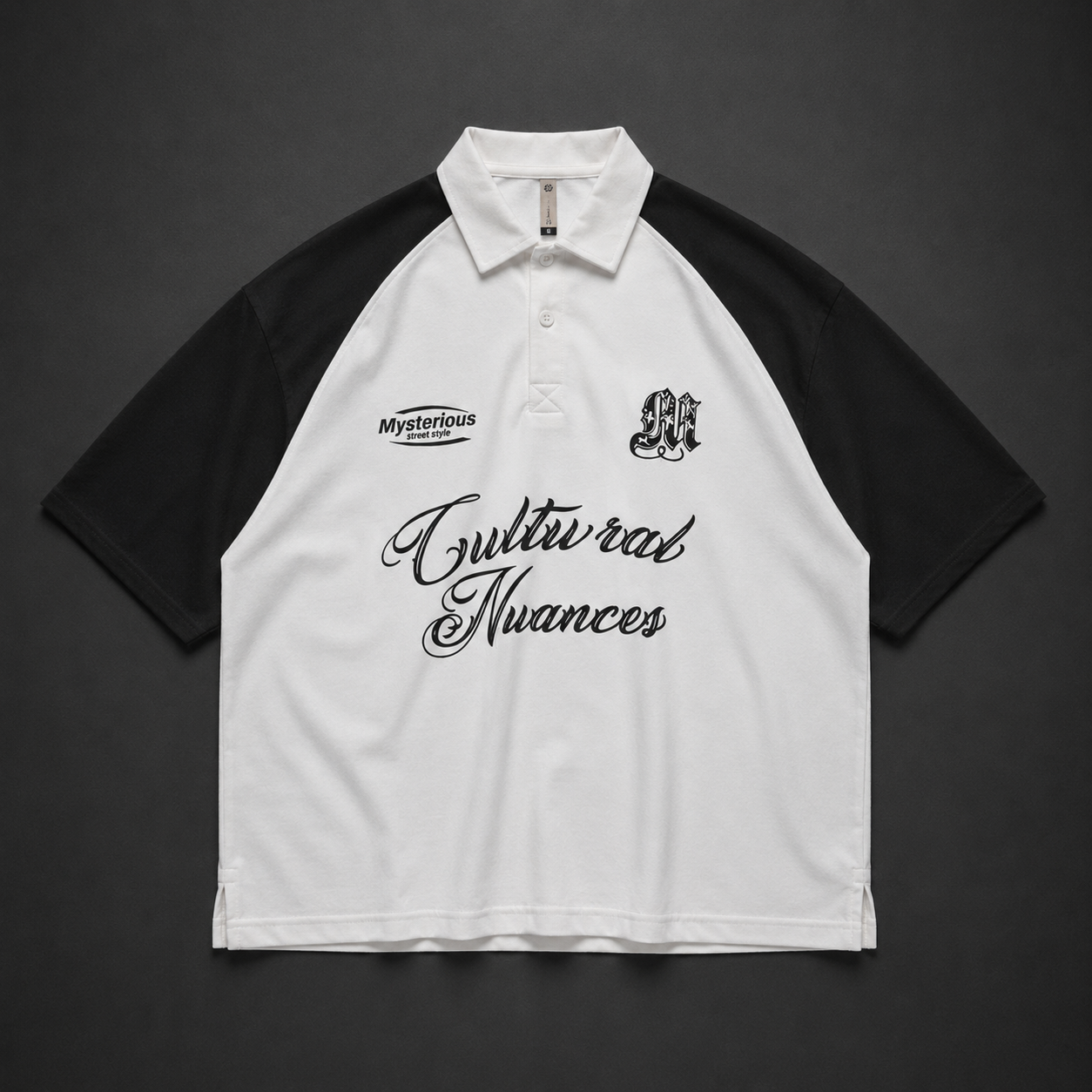 "Cultural Nuances" Oversized Raglan Polo Shirt – White &amp; Black