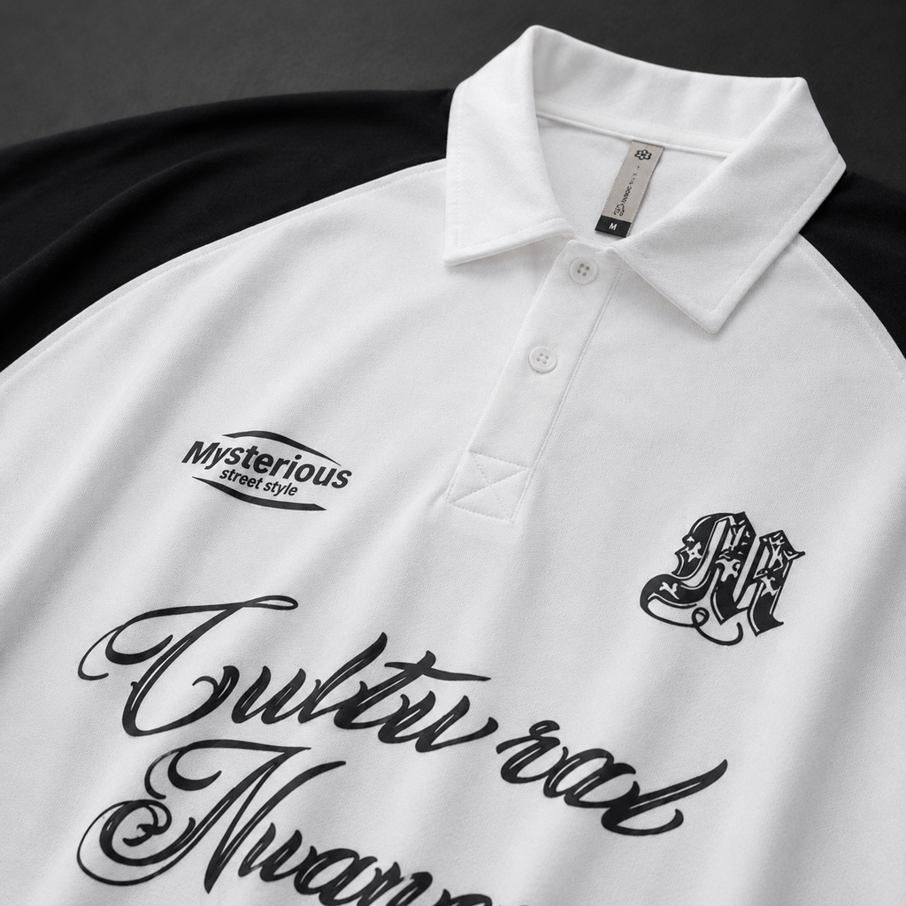 "Cultural Nuances" Oversized Raglan Polo Shirt – White &amp; Black