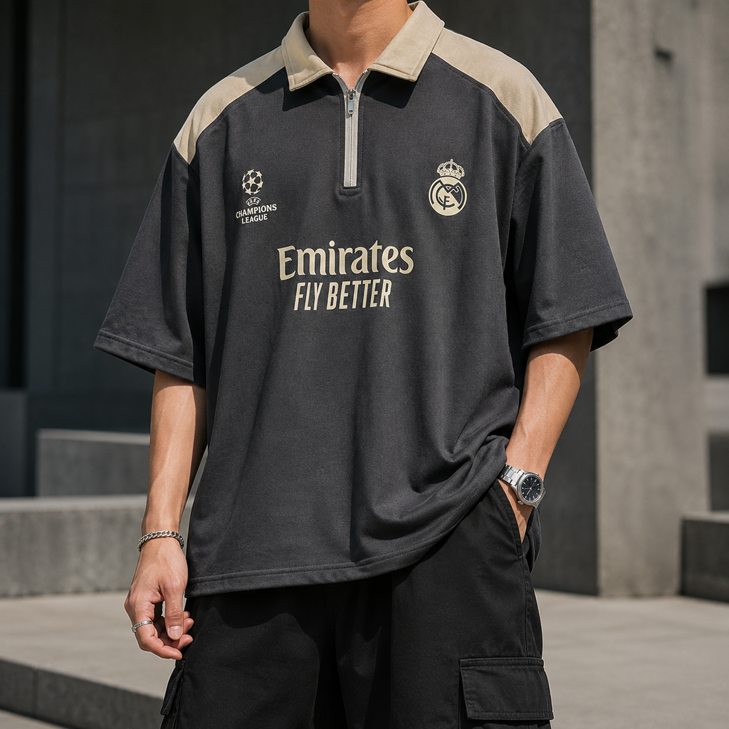 Real Madrid Oversized Quarter-Zip Polo – Dark Grey and Beige