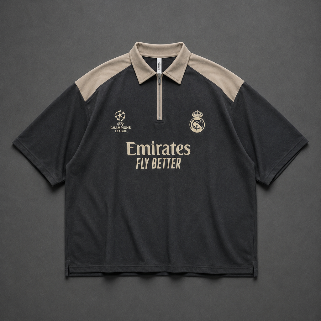 Real Madrid Oversized Quarter-Zip Polo – Dark Grey and Beige