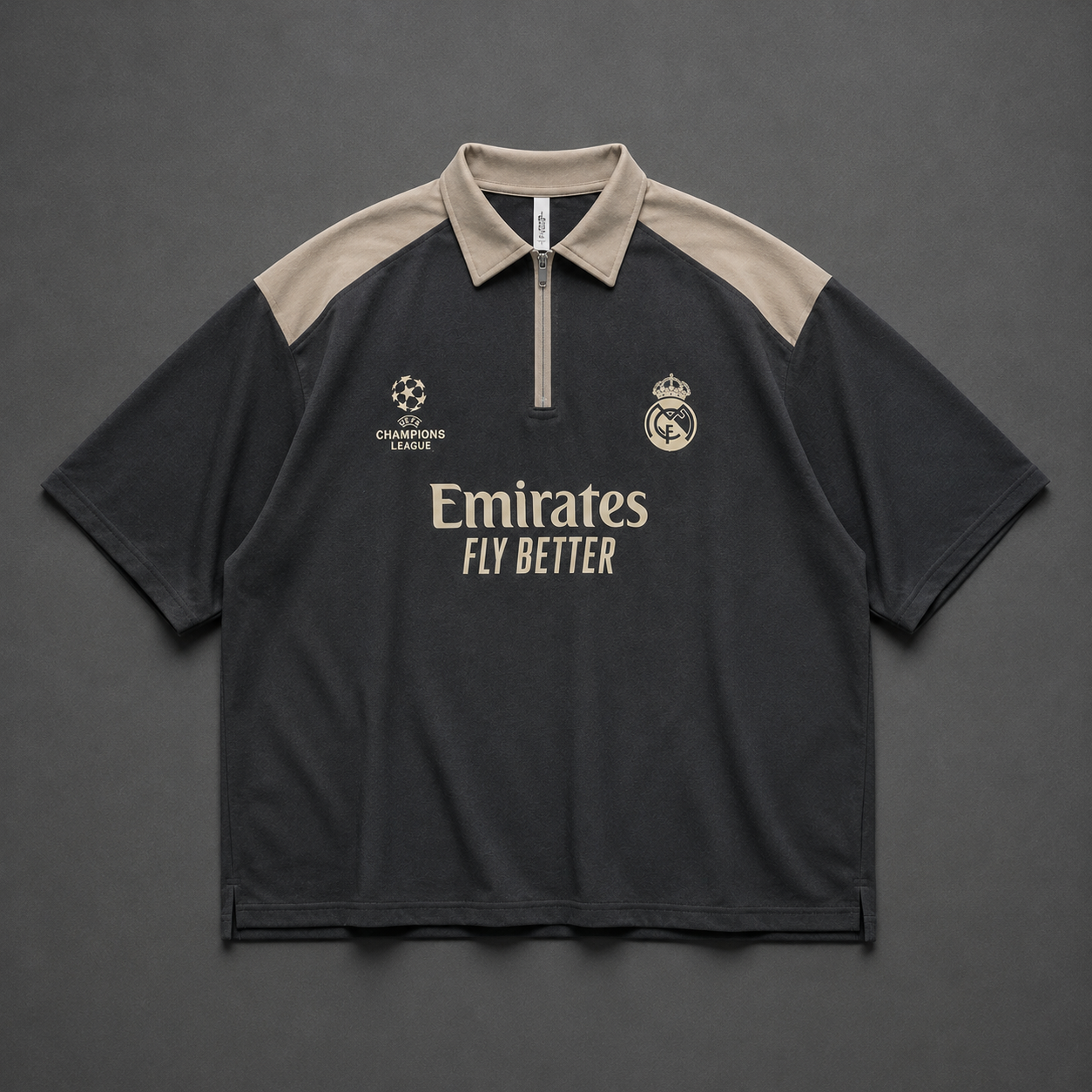 Real Madrid Oversized Quarter-Zip Polo – Dark Grey and Beige