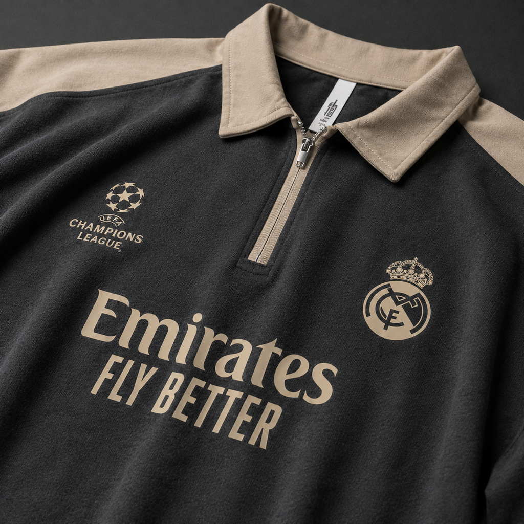 Real Madrid Oversized Quarter-Zip Polo – Dark Grey and Beige