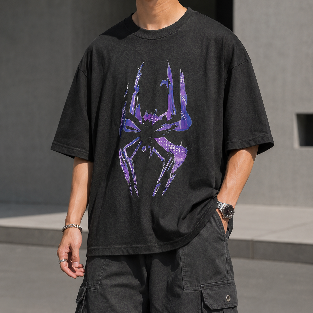 Spider-Verse Glitch Logo Oversized Graphic T-Shirt – Black