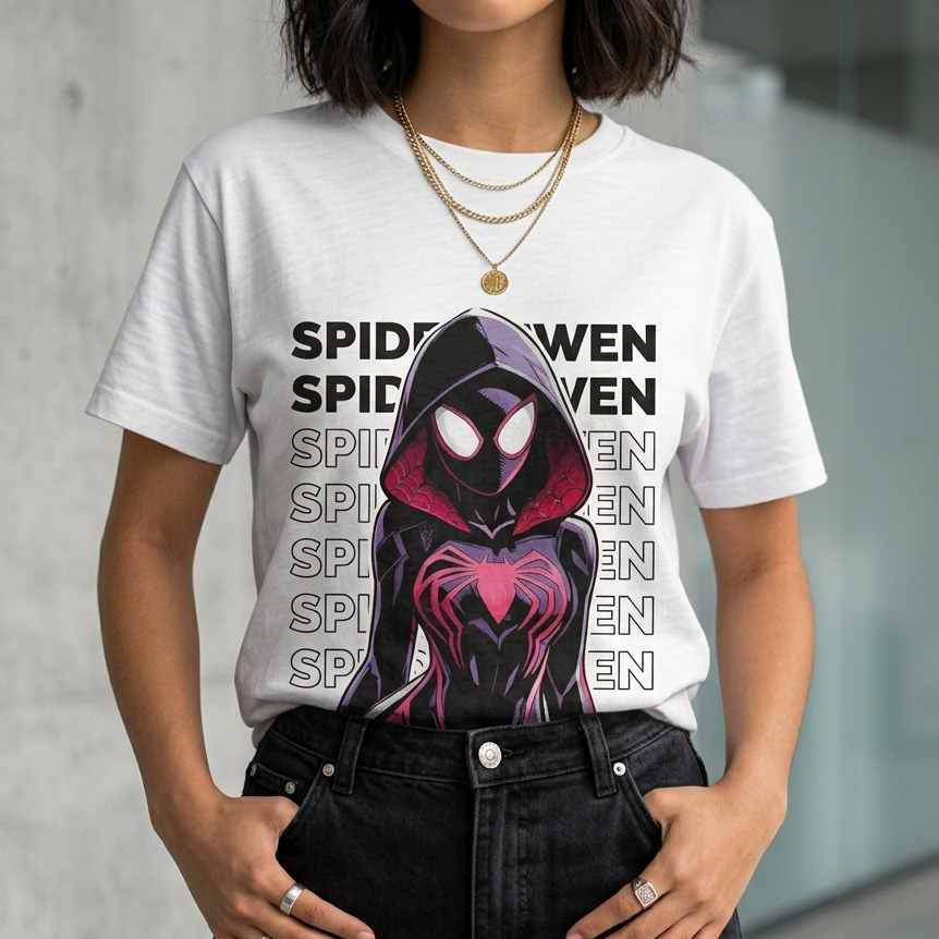A person wearing a white graphic T-shirt with a large Spider-Man print and text, paired with black jeans, standing against a concrete wall.
