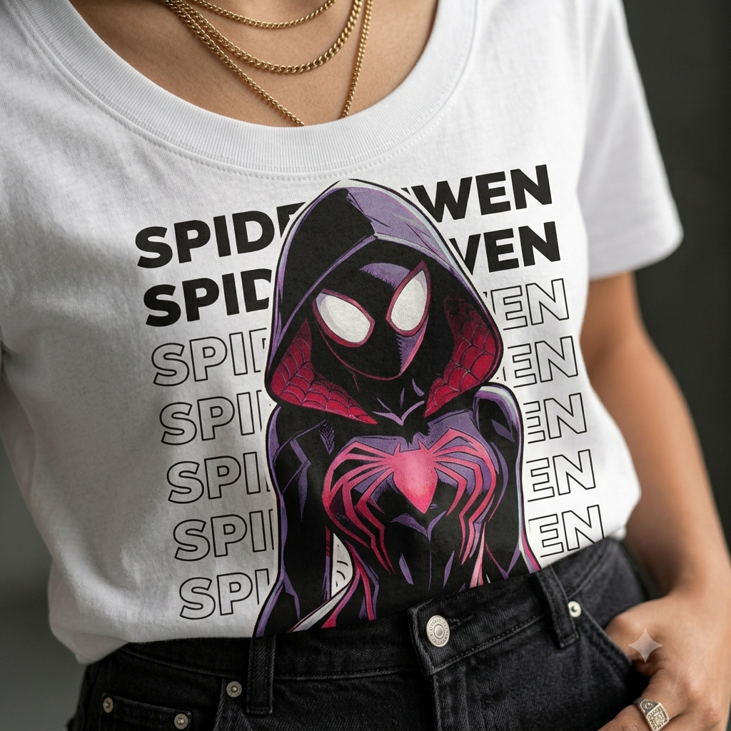 A close-up of a person wearing a white graphic T-shirt featuring a stylized Spider-Gwen illustration in black and pink, with repeated 'SPIDER-GWEN' text on the shirt and dark jeans.