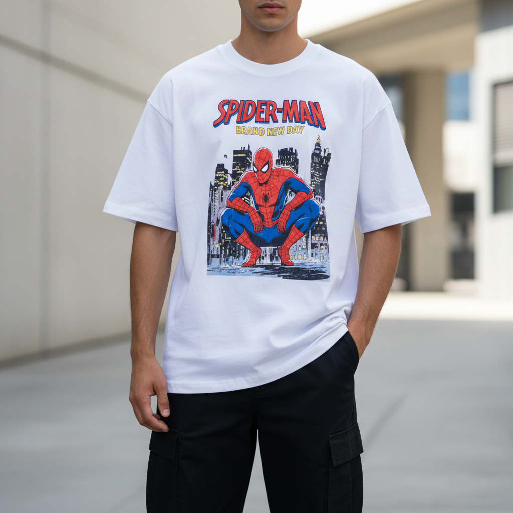 A white oversized graphic T-shirt hanging on a wooden hanger, featuring a large Spider-Man print with the text 'SPIDER-MAN BRAND NEW DAY' above a cityscape and crouching Spider-Man illustration.