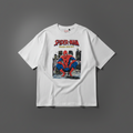 A white short-sleeve graphic T-shirt hanging on a wooden hanger against a dark background. The shirt features a large front print of Spider-Man crouching above a city skyline, with 'SPIDER-MAN' in red letters and 'BRAND NEW DAY' in yellow above it.