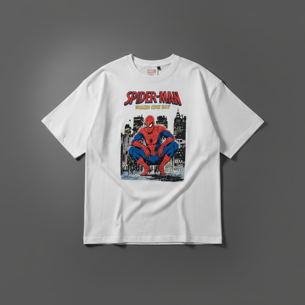 A white short-sleeve graphic T-shirt hanging on a wooden hanger against a dark background. The shirt features a large front print of Spider-Man crouching above a city skyline, with 'SPIDER-MAN' in red letters and 'BRAND NEW DAY' in yellow above it.