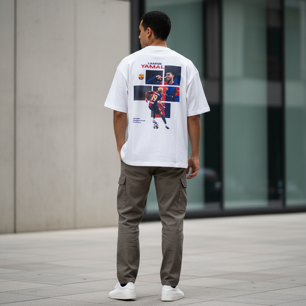 A white short-sleeve graphic T-shirt hanging on a wooden hanger against a dark retail display. The shirt features a large front print with photos of footballer Lamine Yamal, the text 'LAMINE YAMAL', and a small FC Barcelona crest.