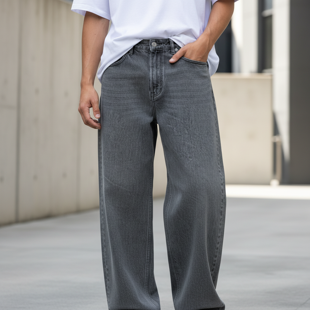 A pair of gray washed denim jeans laid flat against a white background.