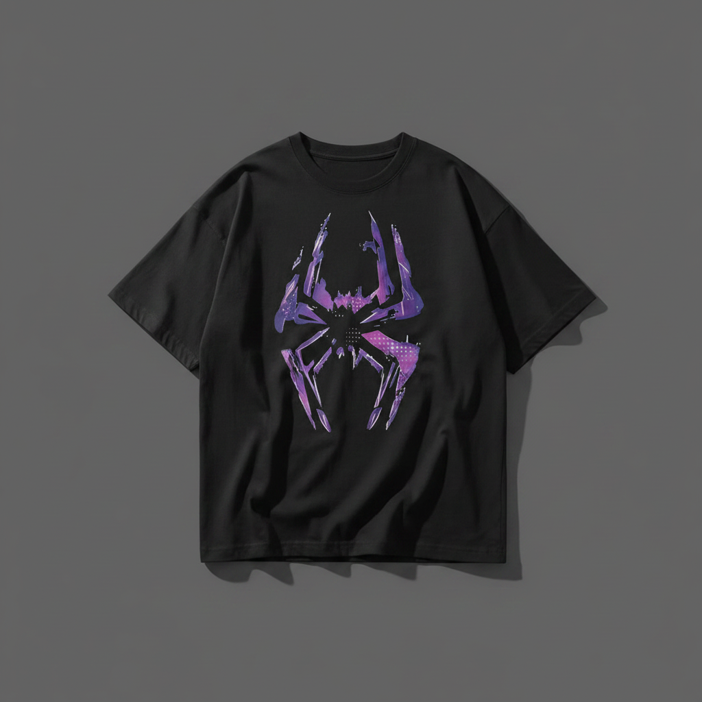A dark gray oversized t-shirt hanging on a wooden hanger, featuring a large purple and pink spider graphic on the front.