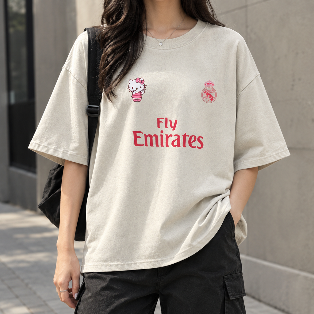 Hello Kitty x Fly Emirates Football Jersey Style Oversized T-Shirt – Beige