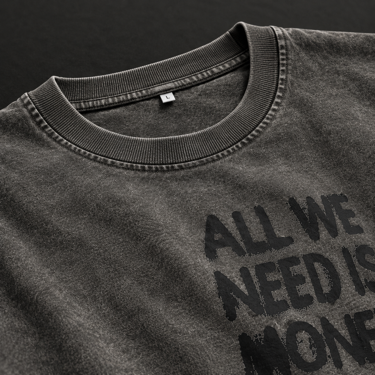 "All We Need Is Money" Bold Typography Oversized T-Shirt – Acid Wash Brown