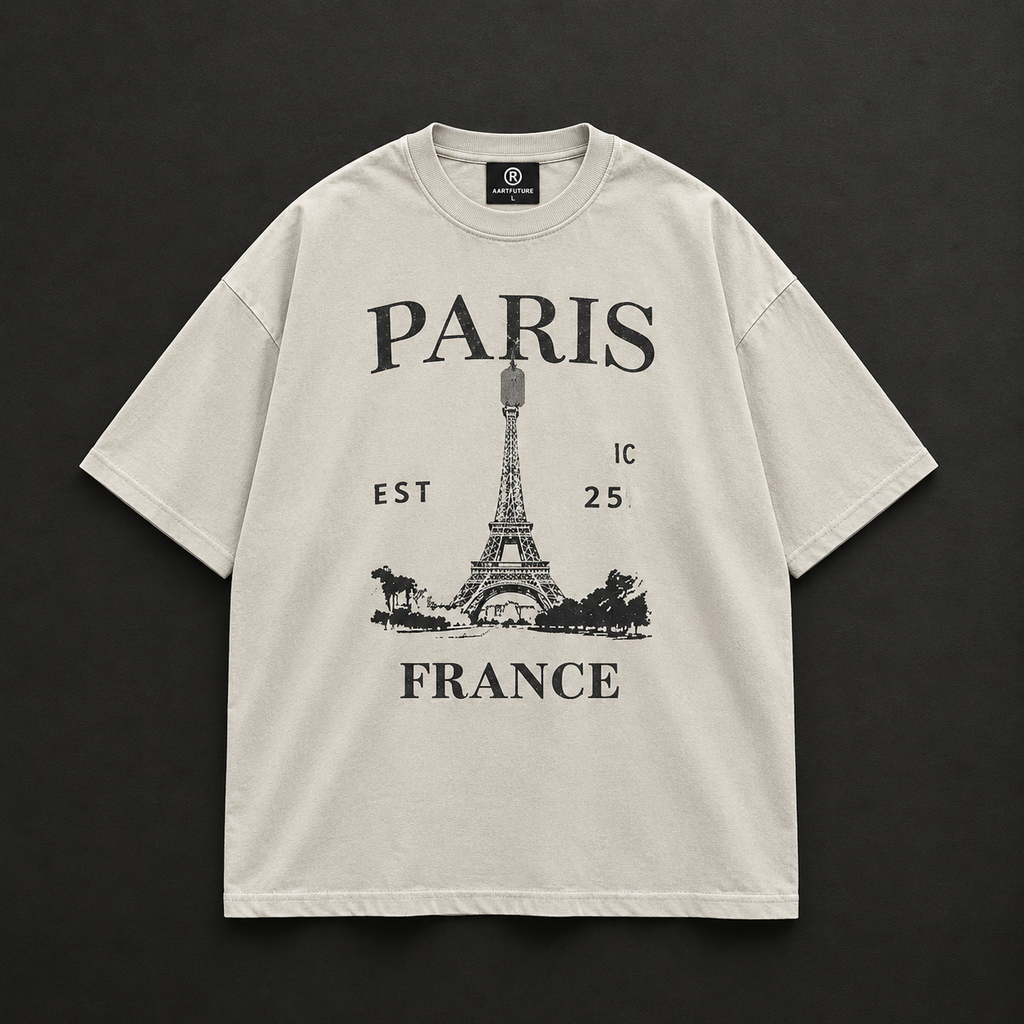 Paris France Eiffel Tower Graphic Oversized T-Shirt – Beige / Oat